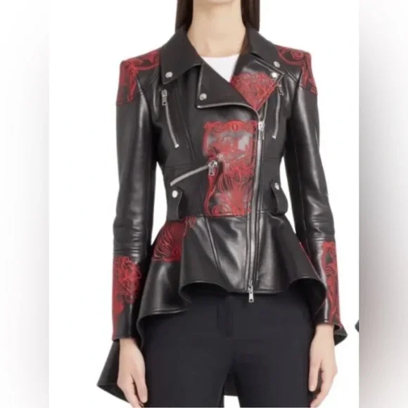 Alexander McQueen Zip Front Embroidered Peplum Leather Moto Jacket, Black, IT38 - Picture 1 of 12